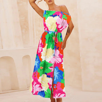 Spring Summer Elegant Slim Printed Dress Off Neck Slit Belt Dress