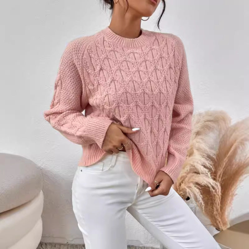 Autumn Winter Solid Color Knitted Top Women Clothing Twist Thread round Neck Long Sleeve Sweater for Women