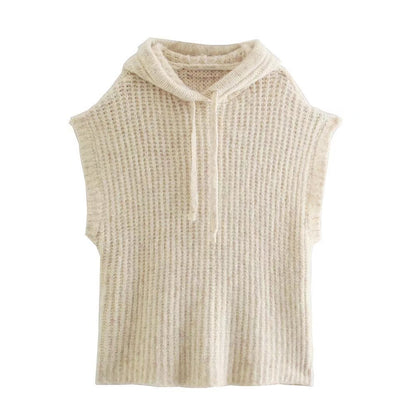 Women Clothing Autumn Hooded Knitted Loose Sleeveless Vest