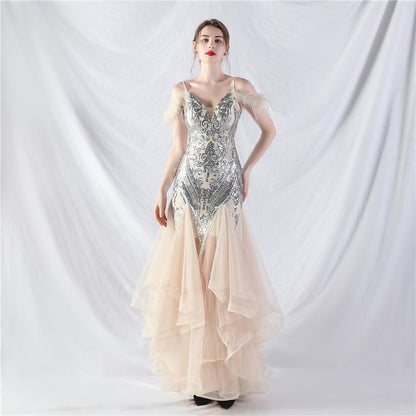 Craft Order Ostrich Feather Hard Mesh Positioning Floral Sequin Stitching Mesh Dance Performance Dress