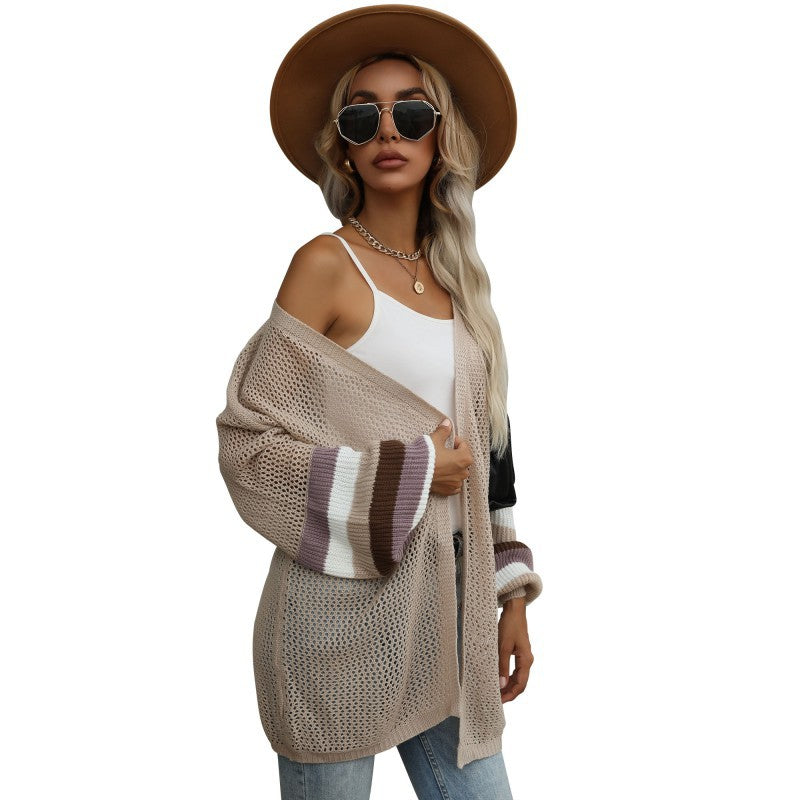 Autumn Knitted Mid-Length Loose Multicolor Hollow Out Cutout out Sweater Coat for Women