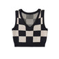 Color Contrast Check Knitted Vest V neck Short Vest Chessboard Plaid Top