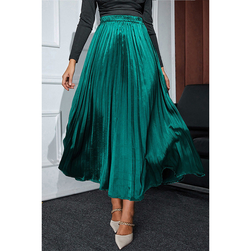 Autumn Winter Solid Color Satin Pleated Long Skirt Women Office High Waist Loose Skirt Women