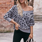 Autumn Winter Womes Clothing V neck off Shoulder Leopard Print Pullover Loose Sweater