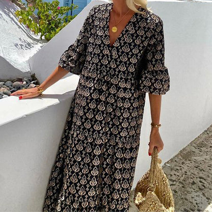 Women Clothing Autumn Women V Neck Bohemian Mid Length Dress