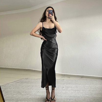 Sexy Sexy Low Cut Satin Split Sling Dress Slim Backless Maxi Dress