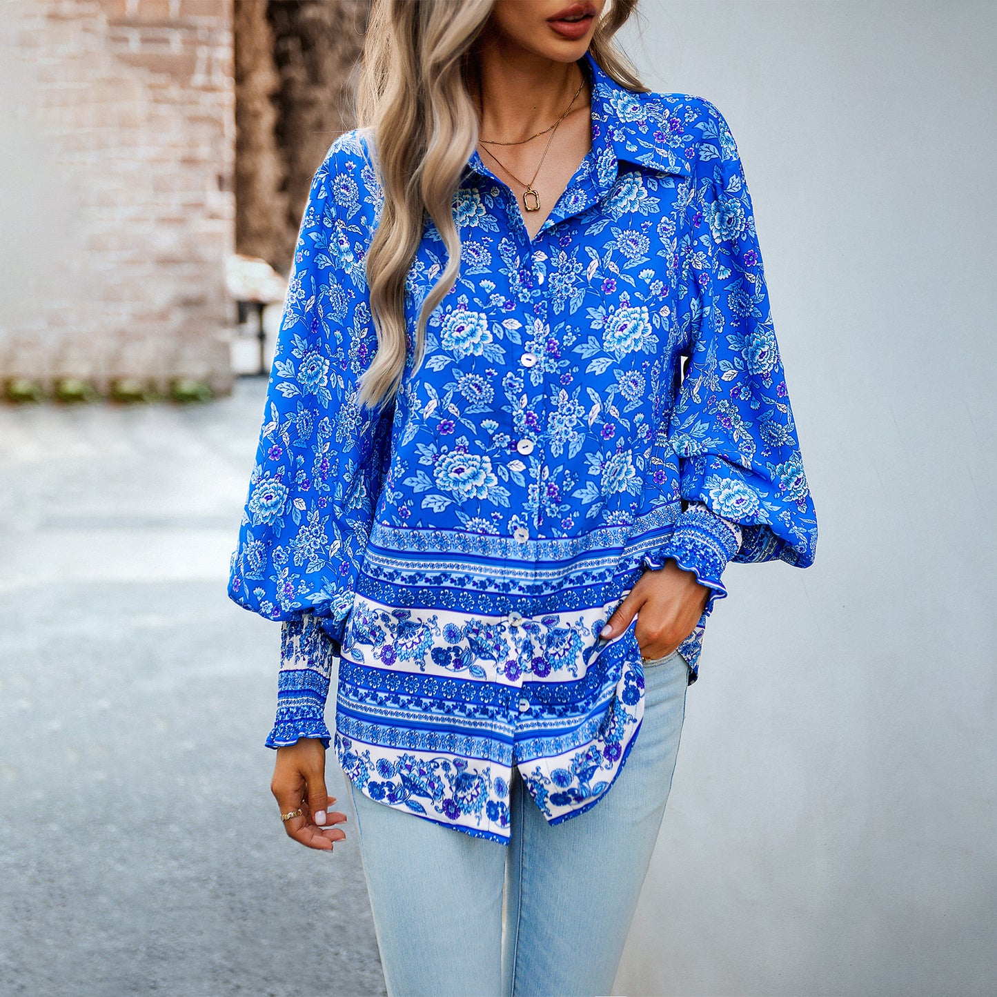 Printed Shirt Women Autumn Winter Vacation Casual Long Sleeved Top