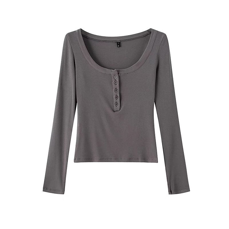 sexy Spring Scoop Solid Color Elastic Half-Open Buckle Tight Long-Sleeved T-shirt Bottoming Shirt