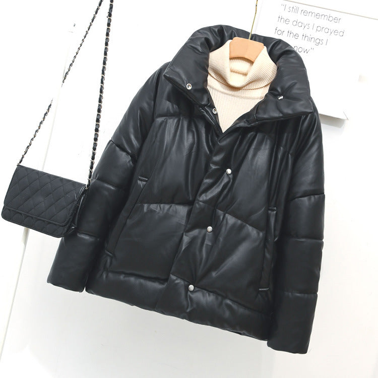 Winter Women Faux Leather Coat Single-Breasted Stand Collar Short Leather Coat Slim Jacket