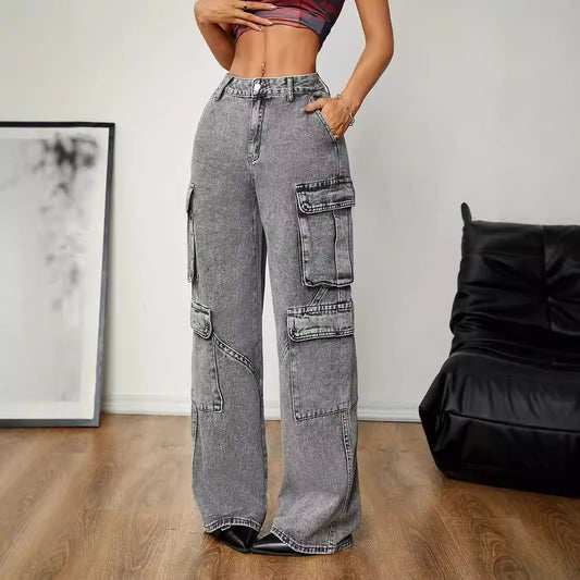 Distressed Stitching Multi Pocket Cargo Pants High Waist Smoky Gray Loose Casual Jeans Street