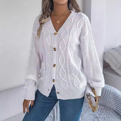 Autumn Winter Casual V Neck Lantern Sleeve Twist Button Knitted Cardigan Sweater Coat Women Clothing