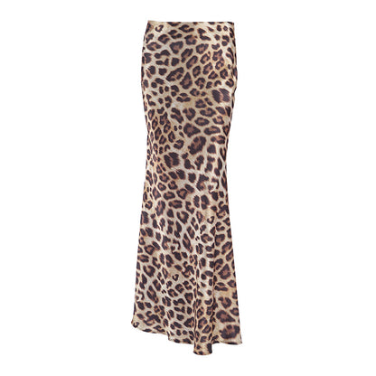 Summer Satin Leopard Print All Match Street Casual Wind Waist Loose Skirt Retro Fishtail Skirt for Women