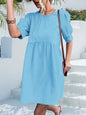 Spring Summer Arrival Solid Color Basic round Neck Button Puff Sleeve Dress