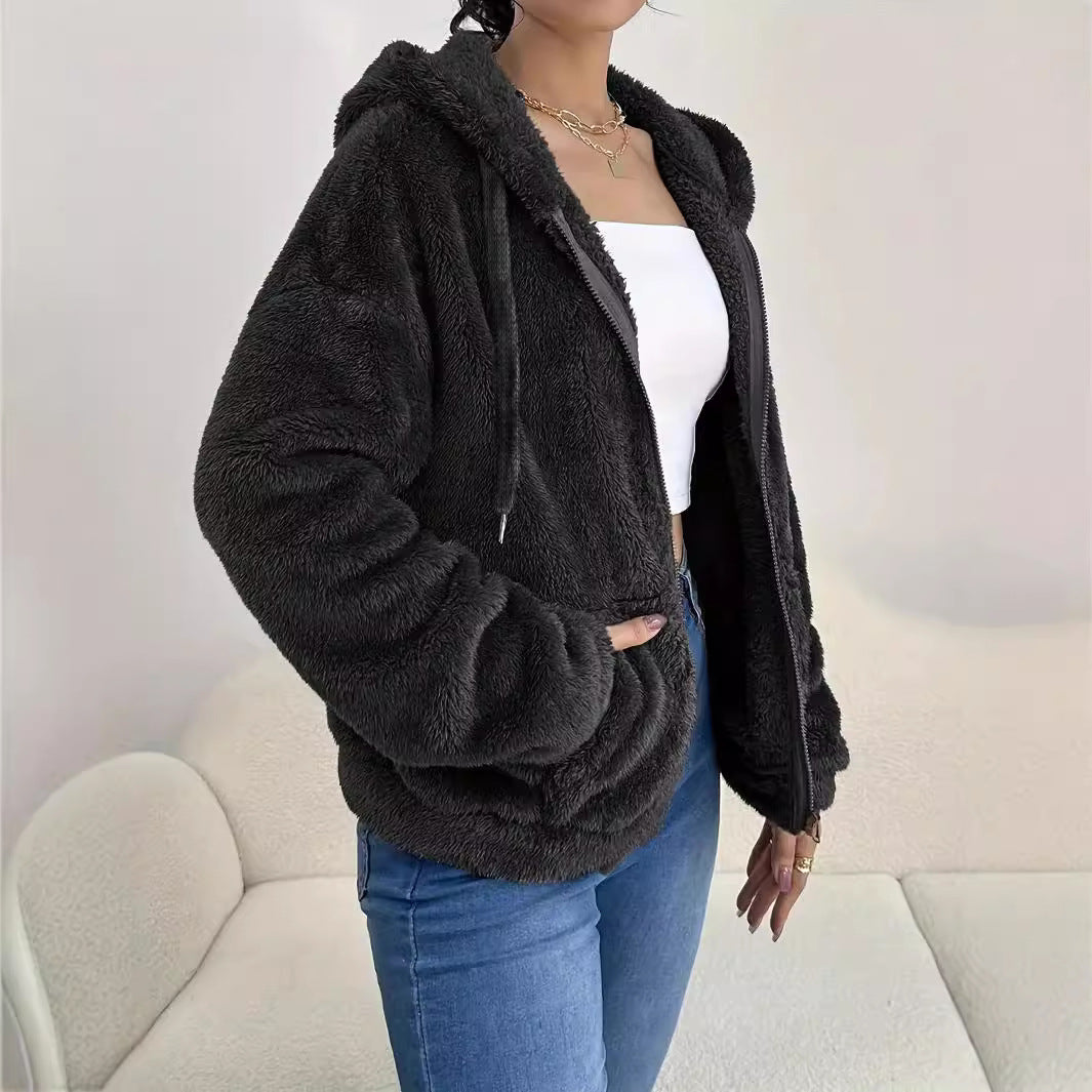 Autumn Winter All Match Solid Color Pocket Hooded Zip Cardigan Casual Loose Plush Coat