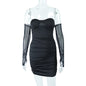 Spring Summer Office Wrapped Chest Backless Mesh Stitching Long Sleeves Mid Waist Classic Dress