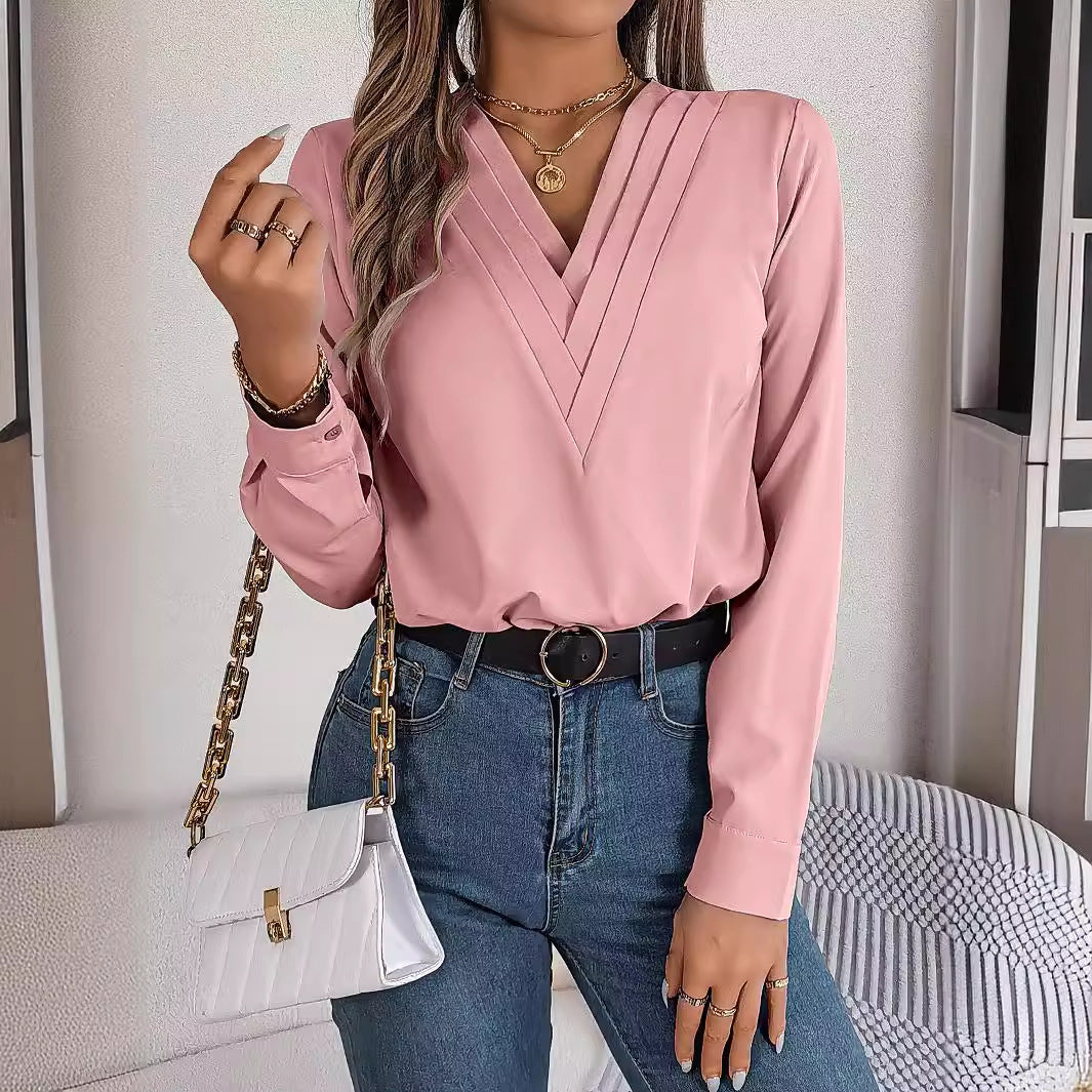 Real Shot Autumn Winter Elegant Solid Color Stacked V neck Long Sleeve Shirt Women Clothing