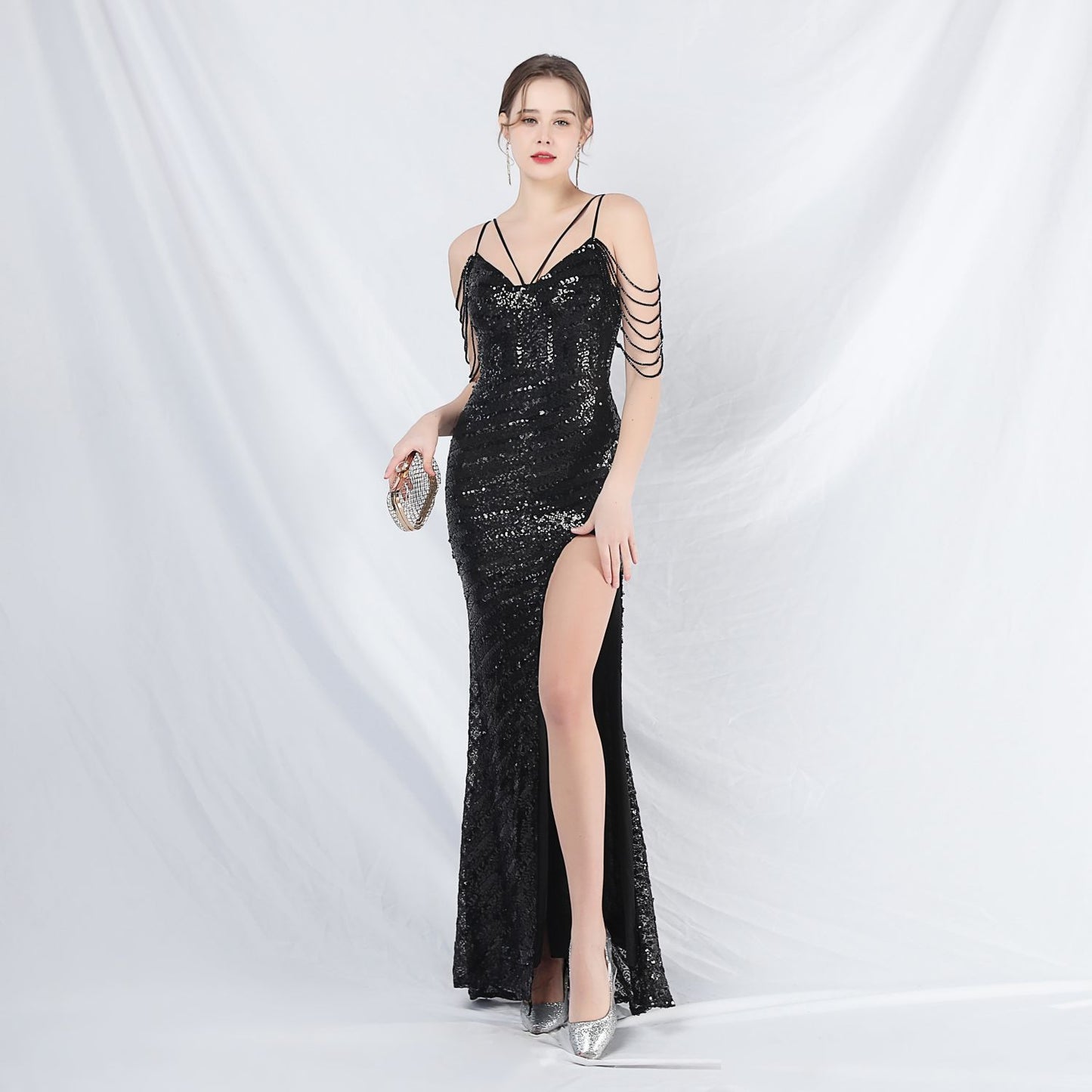 Craft Beaded Long Strap Evening Dress