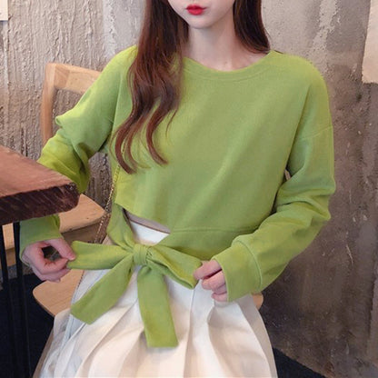 Spring Autumn Loose Solid Color Lace Up Irregular Asymmetric T Shirt High Waist Short Sweatshirt