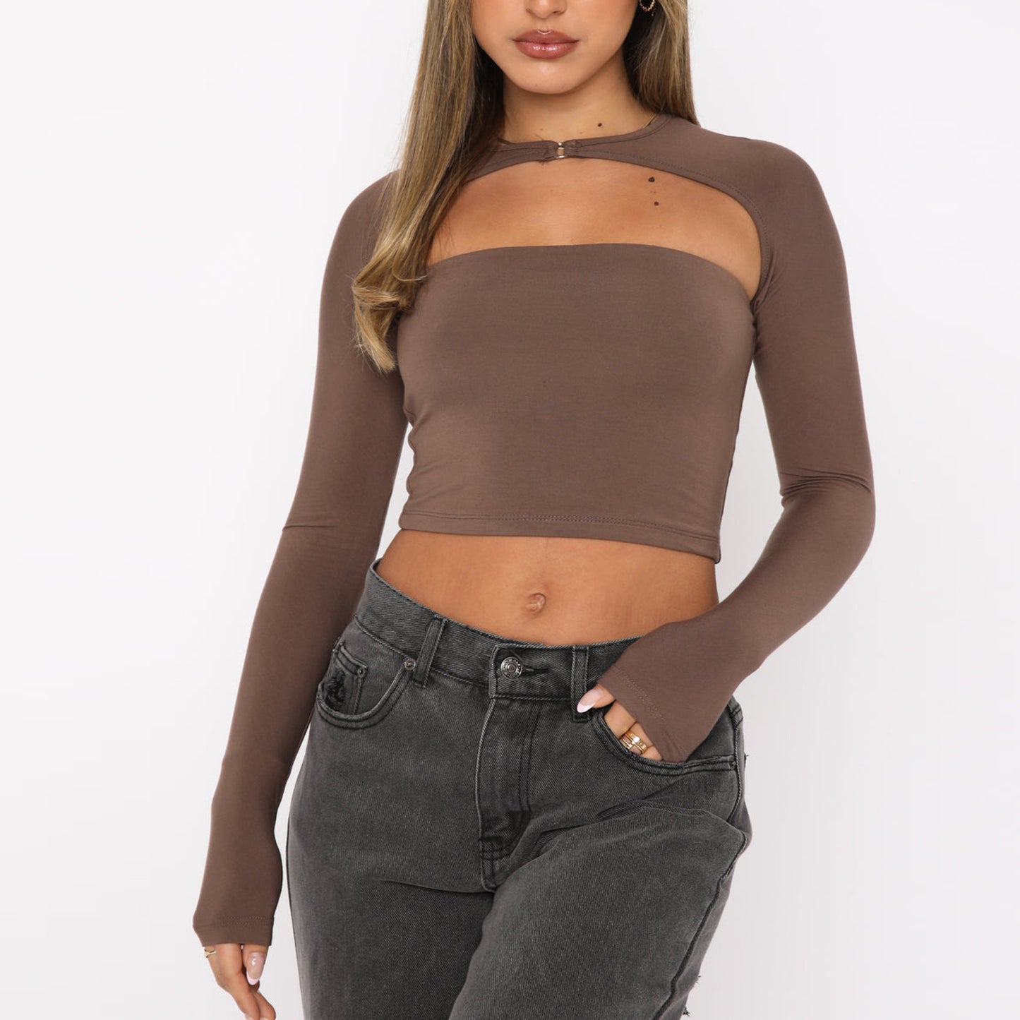 Autumn Winter Long-Sleeved Sexy T shirt Popular Solid Color Sexy Cutout cropped Long Sleeve Two Piece Set Top