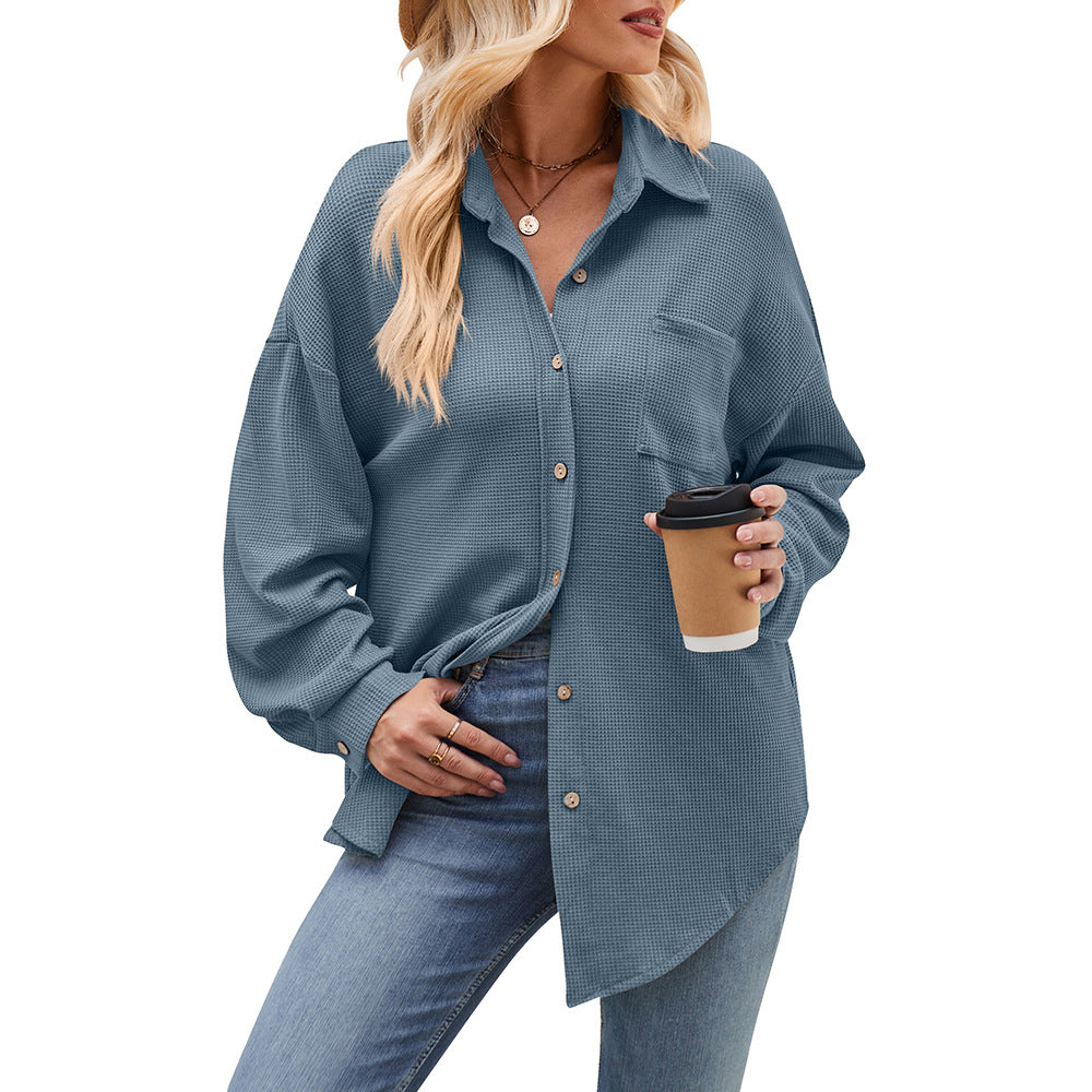 Women Autumn Winter Casual Loose Pockets Waffle Shirt