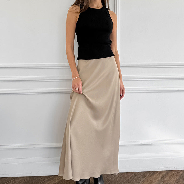 Imitation Acetate Satin Khaki A Swing High Waist Casual Skirt Autumn Long Skirt for Women