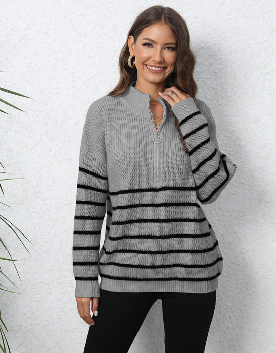 Women Pullover Women Clothing Knitted Striped Stitching Half Turtleneck Loose Zip Woven Sweater Top