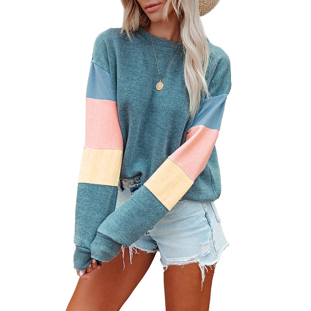 Autumn Winter Hoodless Sweater Women Color Block Stitching Loose Long Sleeve Top