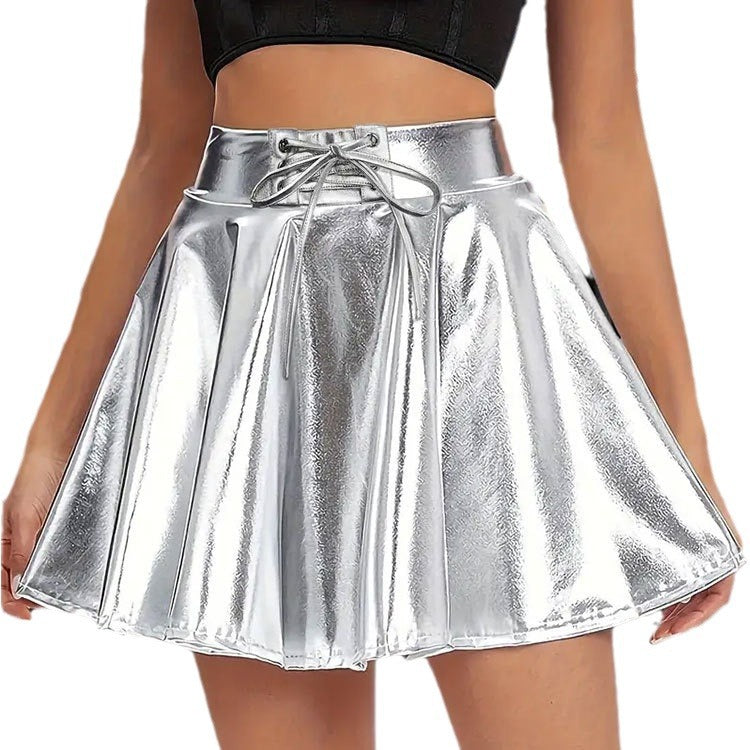 Women Clothing Summer Party Personality Silver Faux Leather Short Skirt Umbrella Skirt Sexy Elastic Bandage A Line