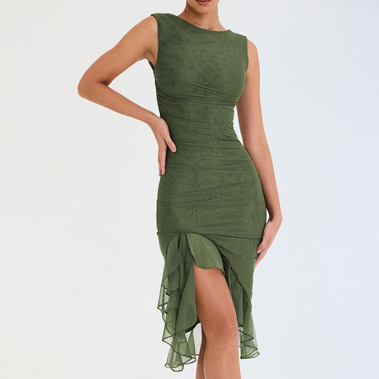 Spring Summer round Neck Sleeveless Dress Women Sexy Tight Backless Pleated Midi Dress