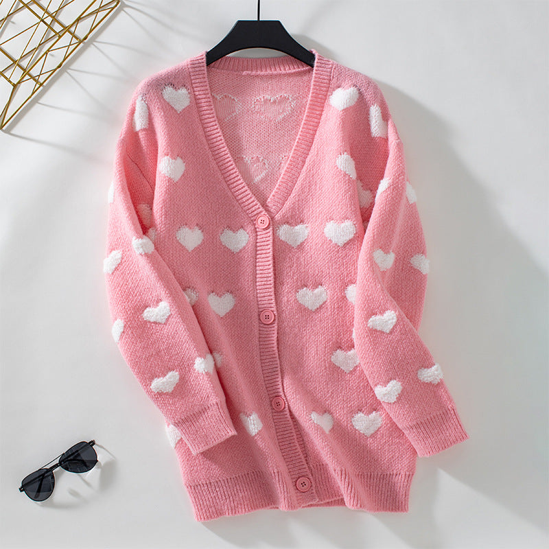 Towel Embroidery Love Knitted Cardigan Mid-Length Autumn Winter Button Sweet Sweater for Women