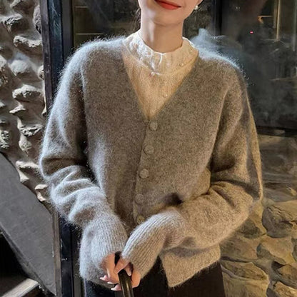 Solid Color Trendy Knitted Cardigan Women Autumn Loose V Neck Casual Fitted Waist Sweater Coat