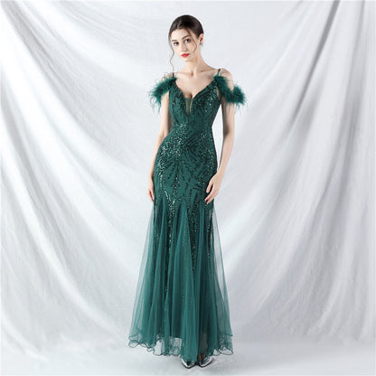 Color Craft Order Ostrich Feather Mesh Sequin Sexy Sling Dress Evening Dress