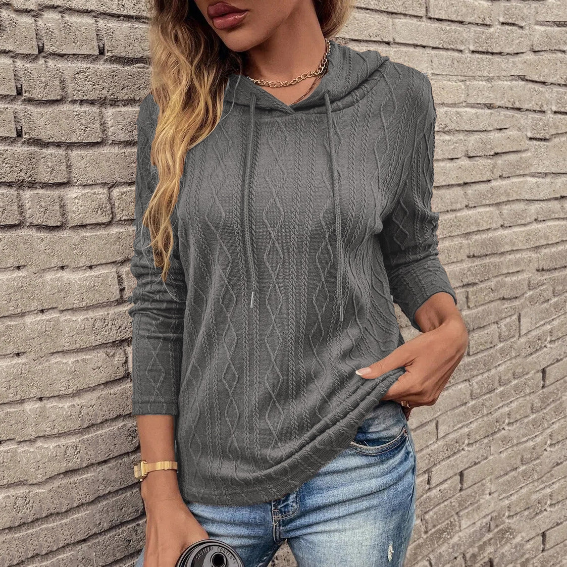 Solid Color Casual Long Sleeves Hooded Sweater T shirt Women Clothing