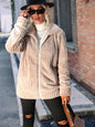 Ladies Collared Sunken Stripe Long Sleeve Zipper Solid Color Mid Length Plush Coat