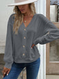 Autumn Winter Women Clothing Solid Color Buttons V Neck Loose Long Sleeved T Shirt Women