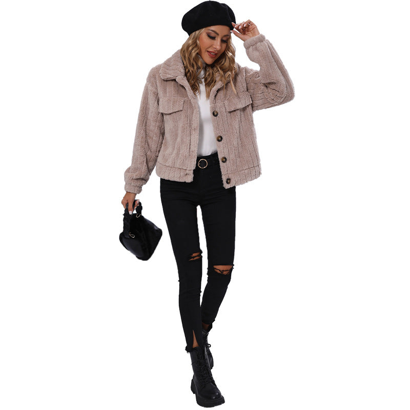 Fall Women Collared Long Sleeve Loose Breasted Striped Plush Casual Coat