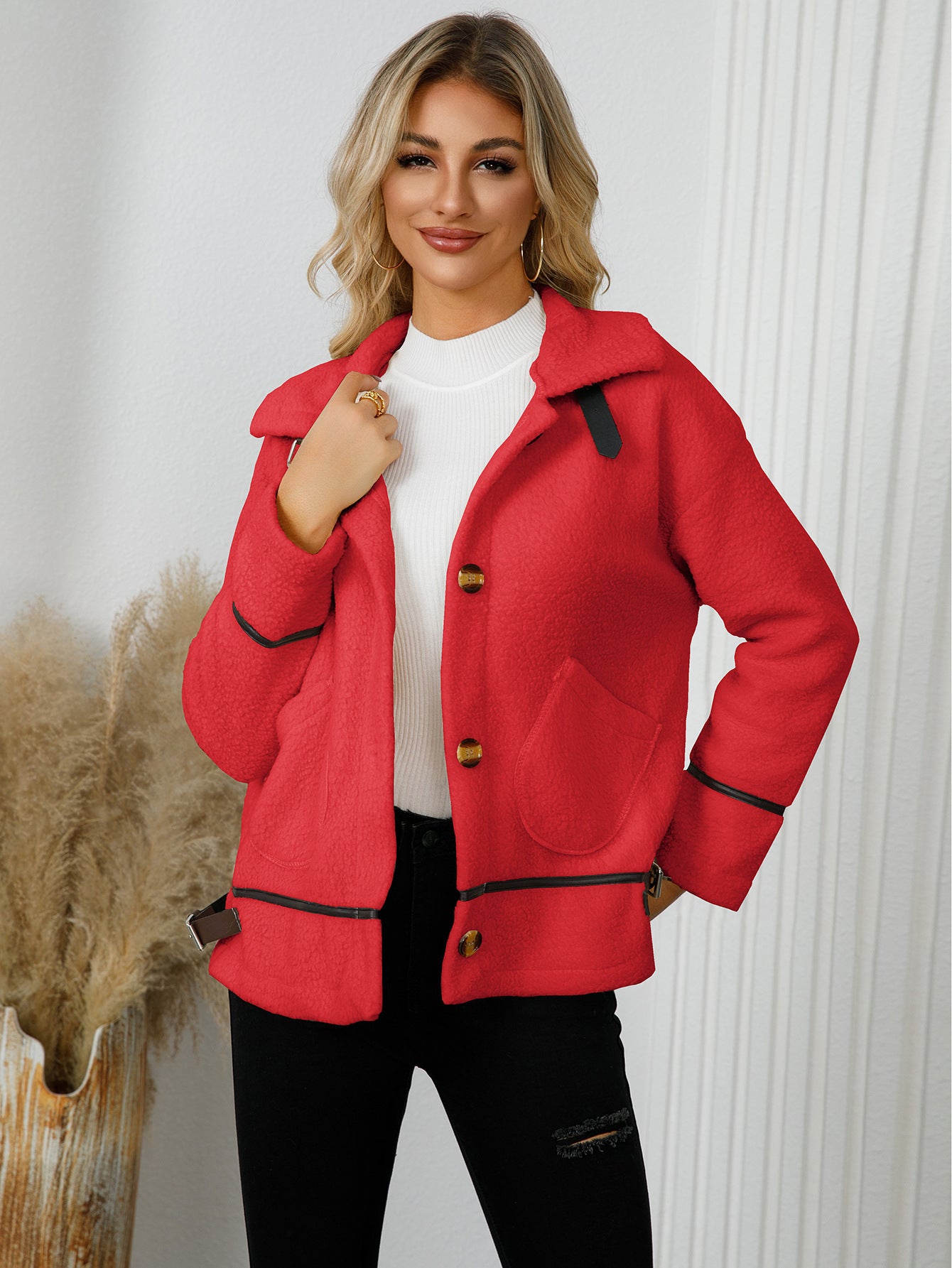 Women Clothing Polo Collar Cardigan With Buttons Lambswool Wool Coat Short Warm Jacket