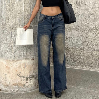 High Street Vibe Retro Distressed Straight-Leg Pants Women Loose   Slimming Wide Leg Denim Trousers