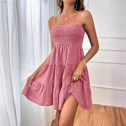 Women Clothing Summer off Neck Camisole Solid Color All Matching Texture Dress