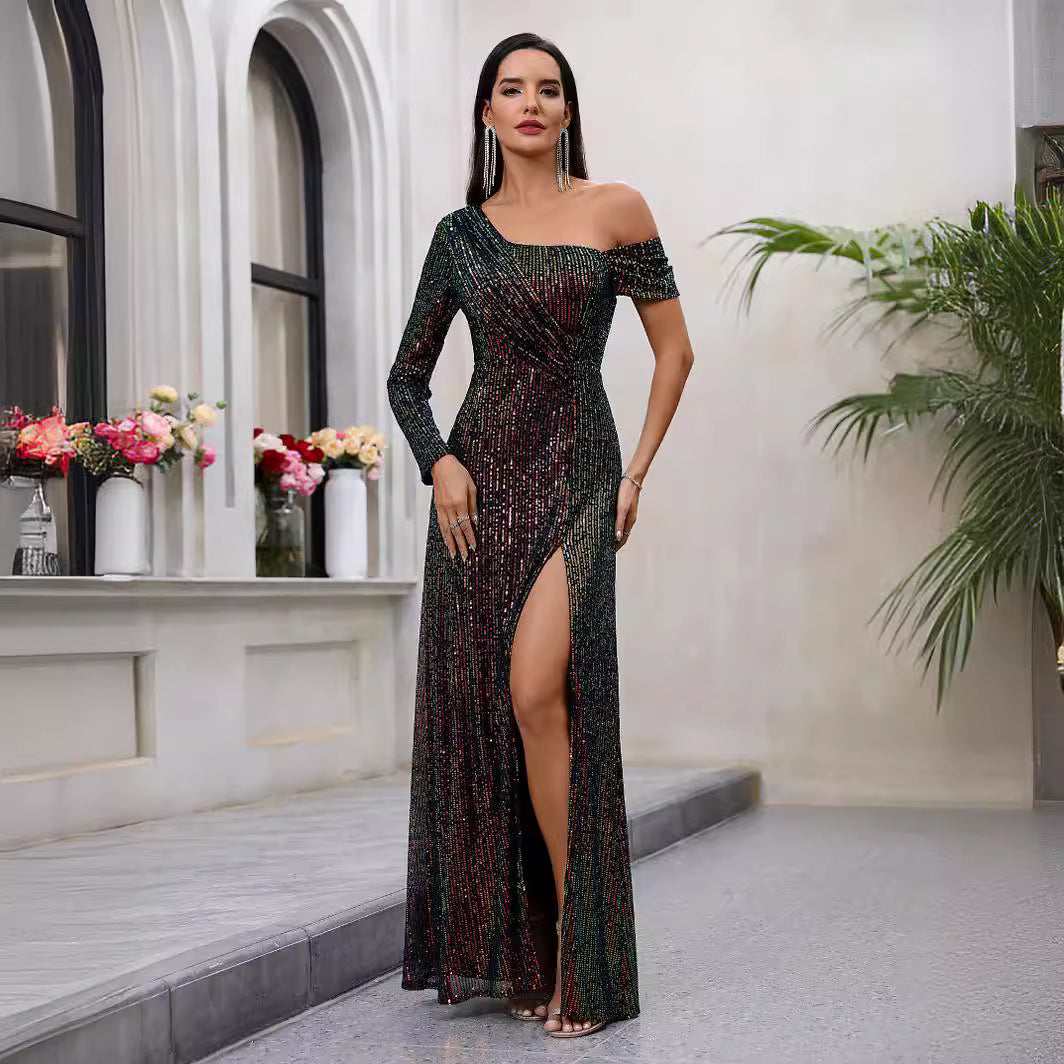 Popular Women Sexy Sequined Dress High Slit Oblique Collar Elegant Evening Dress