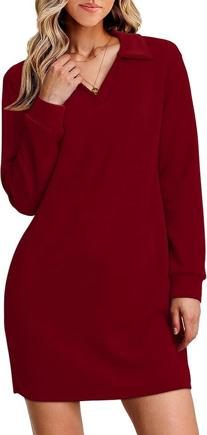 Women Clothing Collared Long Sleeve Casual Solid Color Sports Sweater Dress