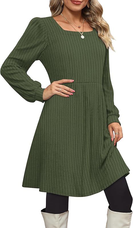 Women Clothing Square Collar Pocket Knitted Sweater Long Sleeve Casual Dress