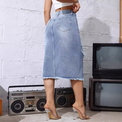 Denim Skirt Women Mid Length Raw Hem Ripped Split Skirt High Waist Slimming Hip Skirt