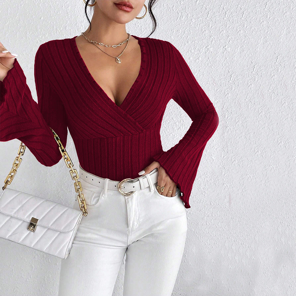 Women V neck Flared Sleeves Wine Red T shirt Fall/Winter Slim Bottoming Shirt Top