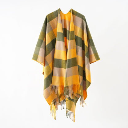 Classics Split Plaid Shawl Tassel Autumn Winter Thickening Cashmere Cloak