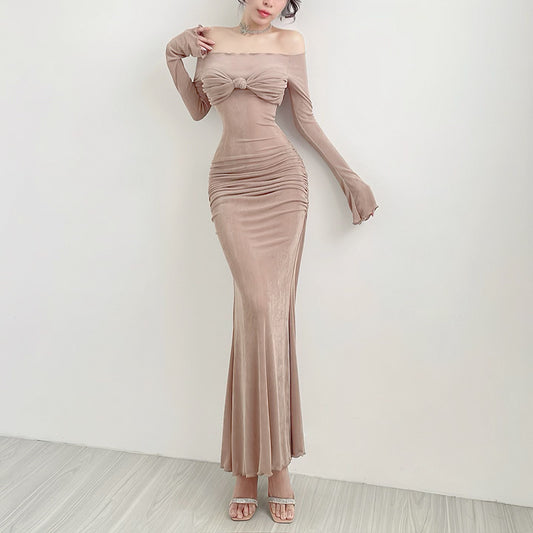 Fall Maxi Dress Elegant Sexy Slim Off Shoulder Chest Show Dress Women