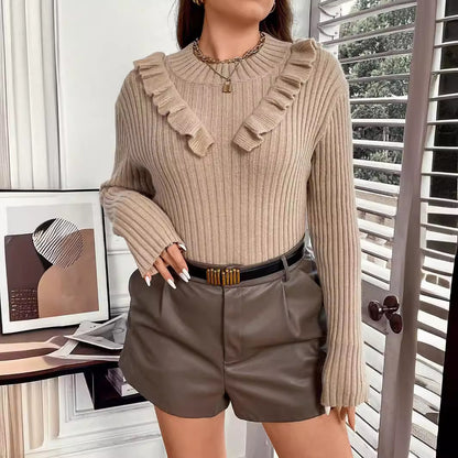 Sweater Autumn Winter Women Clothing Round Neck Sweater Striped Lace Collar Top