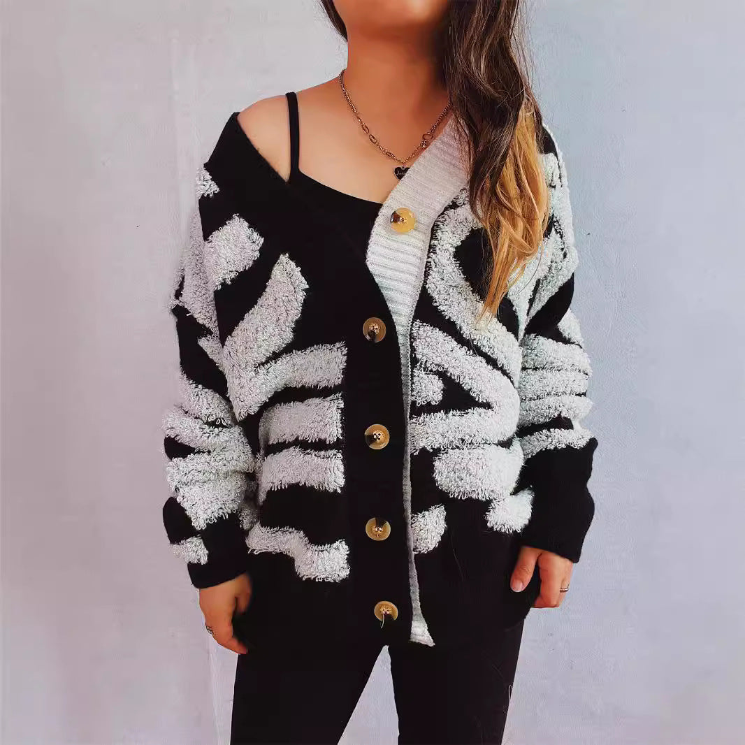 Autumn Winter V Collar Contrast Color Irregular Asymmetric Zebra Pattern Cardigan Coat Sweater Women