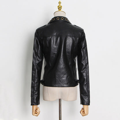 Locomotive Jacket Leather Coat Spring Polo Collar Eyelet Rivet Hollow Out Cutout Slim Jacket