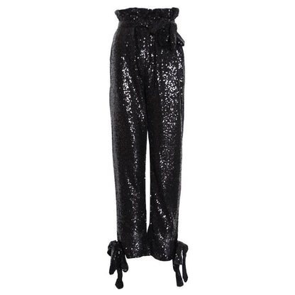 Street Stitching Sequined Women Ankle Banded Pants Spring High Waist Lace up Casual Trousers Women